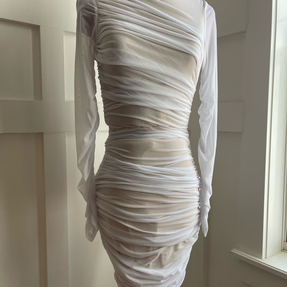 White Ruched Sheer Mini Dress